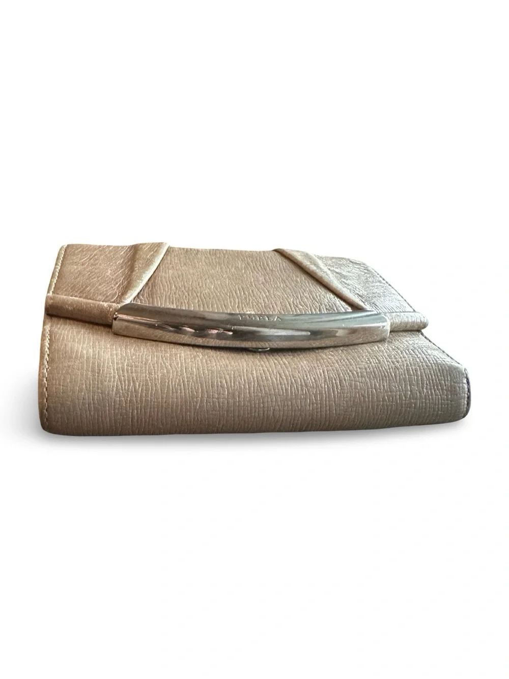Authentic Furla Cream Beige Textured Leather Flap Wallet / Clutch - Silver Hardw